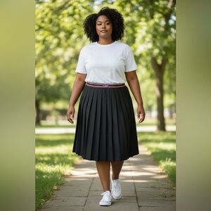 Black Pleated Midi Skirt with Stripe Waistband